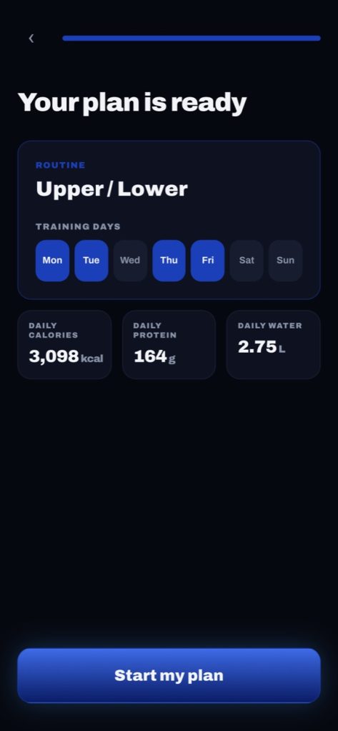 Gym workout tracker app building a personalized upper / lower plan with calories and protein