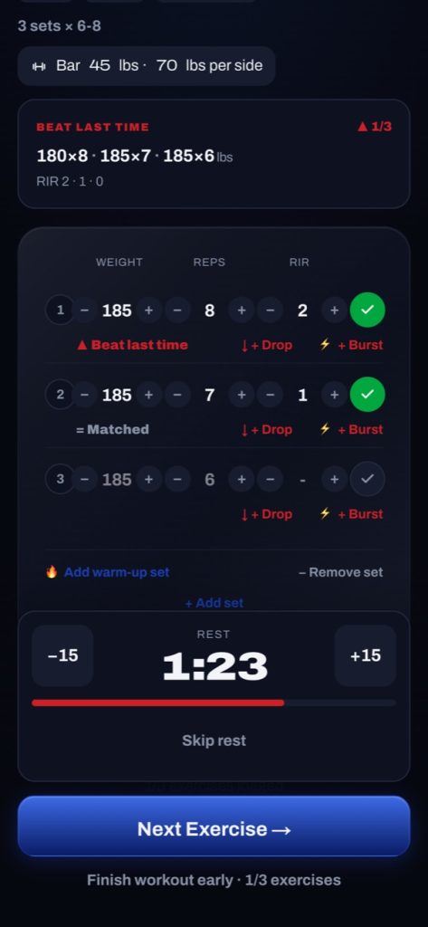 Gym workout tracker app set logging with beat-last-time targets and a rest timer