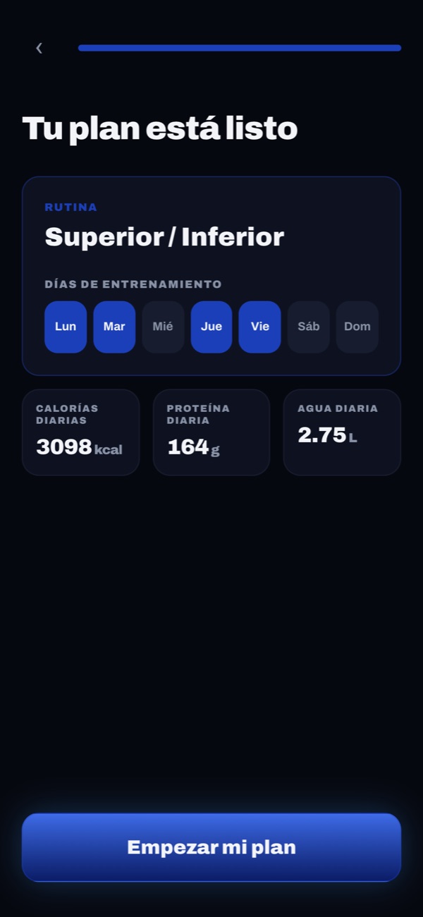 App de gimnasio que crea un plan torso / pierna con calorías y proteína