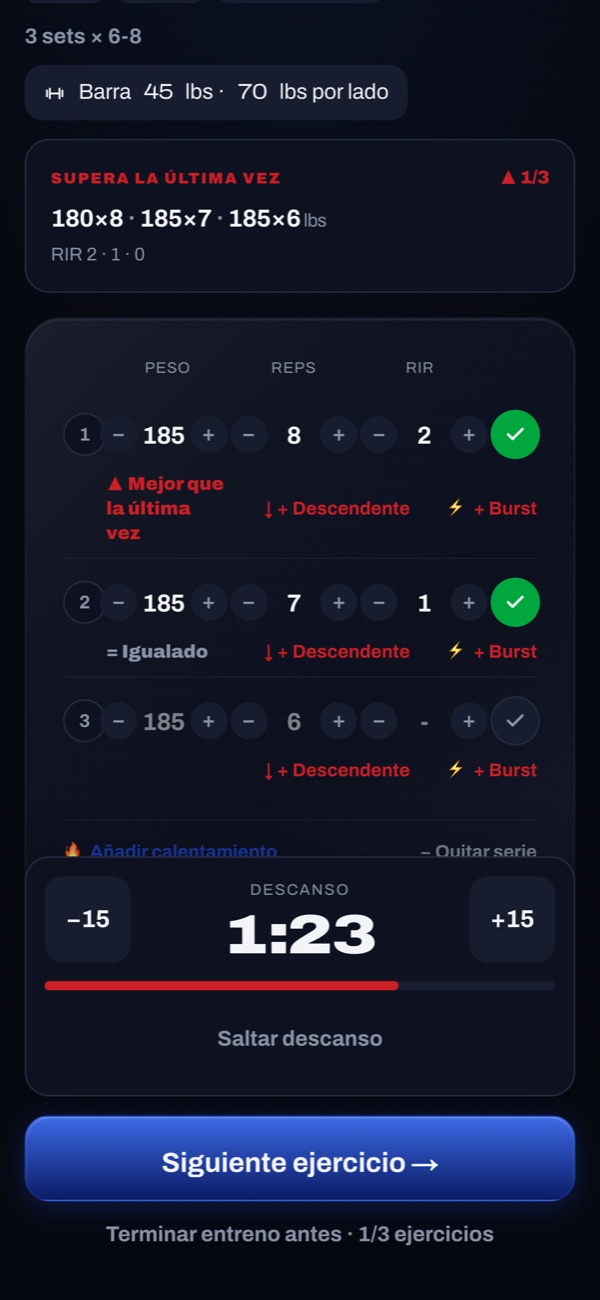App de gimnasio: registro de series, objetivo de superar la última vez y temporizador de descanso