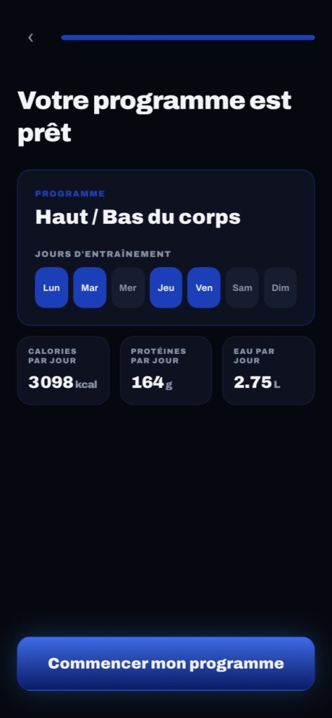 Application de musculation qui crée un programme haut / bas du corps avec calories et protéines
