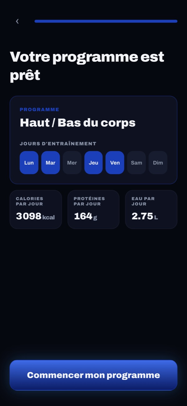 Application de musculation qui crée un programme haut / bas du corps avec calories et protéines