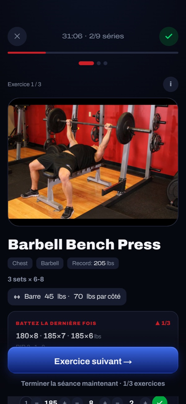 Application de musculation GymMaple avec photo de démonstration du développé couché